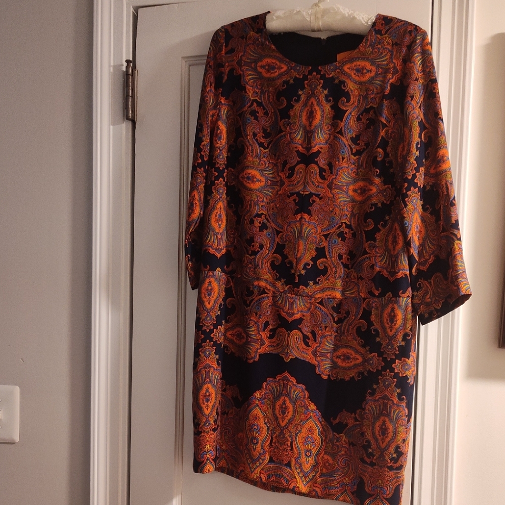 Joe Fresh Classic Paisley Print. Drop Waist Long Sleeve Dress.